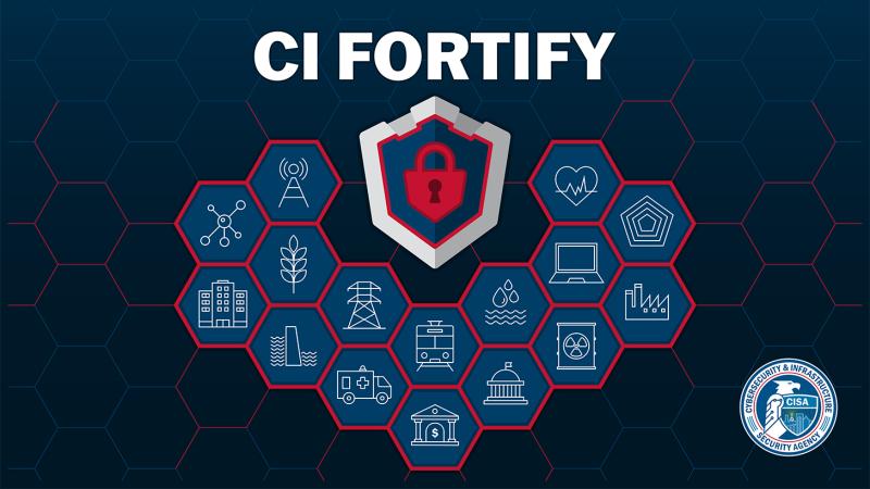 CI Fortify title with red lock in shield surrounded by 16 icons representing critical infrastructure sectors
